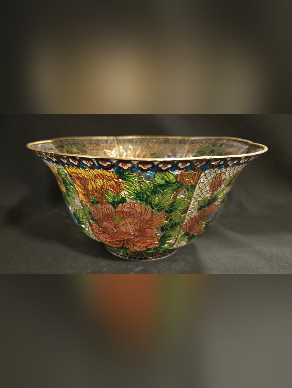 Vintage Plique A Jour Brass And Enamel  Cloisonné Bowl in Green and Pink